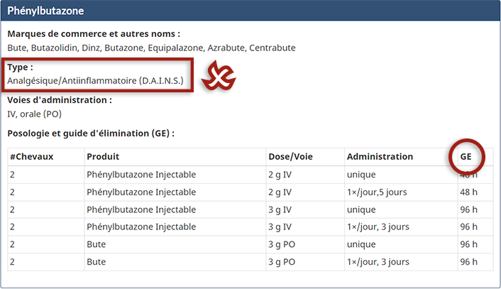 Capture d’écran du site web Guide d’élimination de l’ACPM montrant les rubriques « Type de médicament » et « GE »