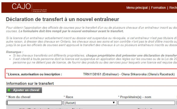 Capture d’écran du site Web : Déclaration de transfert à un nouvel entraîneur. La section « Licence, autorisation ou inscription » est surlignée